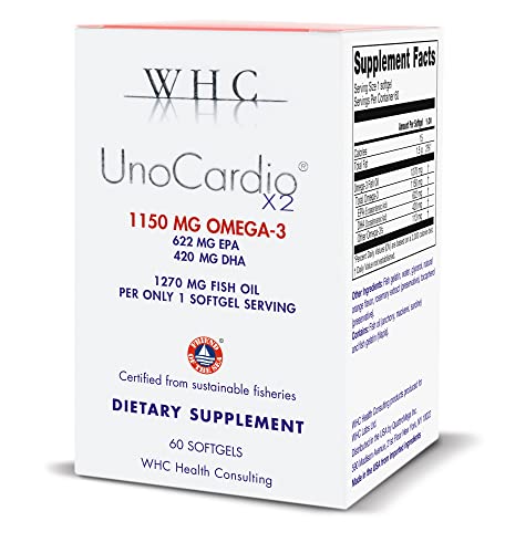 WHC, UnoCardio X2 Fish Oil (60 Softgels), Triglyceride Omega-3 Fatty acids - 1270 mg Fish Oil Supplement (622 mg EPA / 420 mg DHA/Total 1150 mg of Omega-3 per Serving)