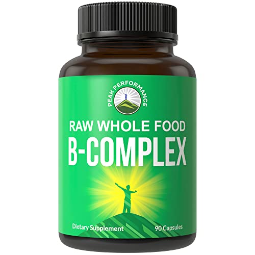 Raw Whole Food Vegan B Complex Supplement. Best B-Complex with Vitamin B1, B2, B3, B5, B6, B7, B9 and B12. Vitamins 90 Capsules. Energy + Stress