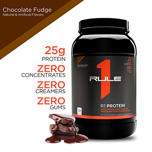 Rule One Proteins, R1 Protein - Chocolate Fudge, 25g Fast-Acting, Super-Pure 100% Isolate and Hydrolysate Protein Powder with 6g BCAAs for Muscle Growth and Recovery, 2.5 Pounds, 38 Servings