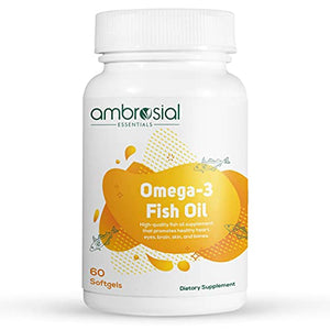 Ambrosial Omega 3 Fish Oil 1000mg | Omega 3 Fatty Acid Capsules with 180 mg EPA 120 mg DHA - 60 Softgels | Omega 3 Fish Oil Supplements for Women and Men.