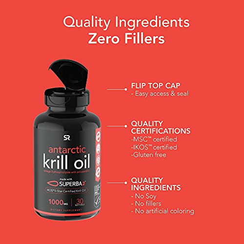 Antarctic Krill Oil 1000mg (Per Softgel) with Omega-3s EPA & DHA + Astaxanthin & Phospholipids | IKOS 5-Star Certified & Non-GMO Verified (30 Liquid softgels)