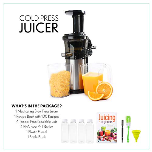 Small Cold Press Juicer With 16 oz Plastic Juice Bottles With White Caps And Juicing Recipe Book, Includes Funnel And Brush