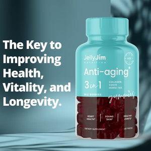 JELLY JIM NUTRITION Anti Aging 3-in-1 Gummy Supplements with Collagen, CoQ10, and Horsetail Extract, for Skin Rejuvenation and Increased Hair and Nail Growth, for Men and Women, 2 Month Supply
