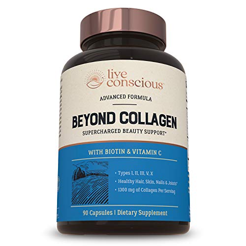 Beyond Collagen Multi Collagen Capsules - Types I, II, III, V & X | Hydrolyzed Blend with Biotin & Vitamin C for Hair, Skin, Nails | Live Conscious - 90 Capsules