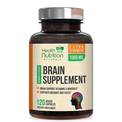 Brain Support Supplement Extra Strength Nootropics 1000mg - Made in USA - Natural Support for Memory, Focus, Concentration, and Clarity with Bacopa Monnieri for Men and Women - 120 Capsules