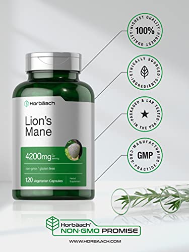 Lions Mane Mushroom Extract | 4200mg | 120 Capsules | Vegetarian, Non-GMO, Gluten Free Supplement | by Horbaach