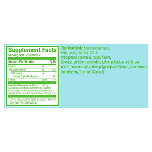 Stressballs, De-Stress + Focus, with Ashwagandha for Stress Relief, Sage & Green Tea Herbal Blend, Non-Drowsy Supplement, 46 Gummies