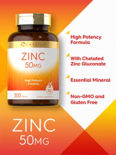 Zinc 50mg | 300 Tablets | Vegetarian, Non-GMO, and Gluten Free Supplement | Zinc Gluconate | High Potency Formula | by Carlyle