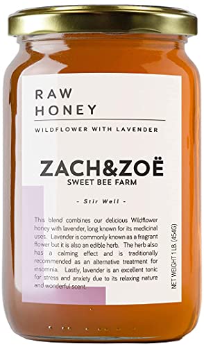 Unfiltered Raw Honey by Zach & Zoe Sweet Bee Farm – (1) 16 Ounce Jar of Honey with Lavender - Pure Farm Raised Honey with Powerful Anti-oxidants, Amino Acids, Enzymes, and Vitamins!
