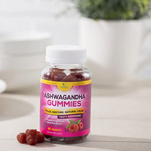 Ashwagandha Gummies - Relax, Calm, Unwind with Potent Mood & Stress Support Vitamins - Vegan Friendly, Non-GMO, Plant-Pectin Based - Delicious Raspberry Flavor Chews for Women & Men - 60 Gummies