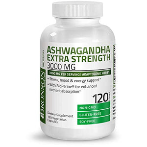 Bronson Ashwagandha Extra Strength 3000 mg per Serving, Stress & Mood Support with BioPerine - Non GMO, 120 Vegetarian Capsules