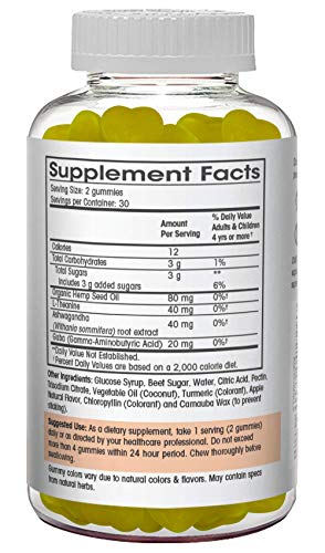 Ashwagandha Gummies with L-Theanine, GABA, and Hemp- Ashawanga Supplement Stress Reducing Calm Gummies for Relaxation - Vegan, Dairy Gluten and Free, Apple Flavored. 60 Count.