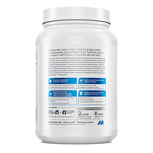 Grass Fed Whey Protein | MuscleTech Grass Fed Whey Protein Powder | Protein Powder for Muscle Gain | Growth Hormone Free, Non-GMO, Gluten Free | 20g Protein + 4.3g BCAA | Deluxe Vanilla, 1.8 lbs