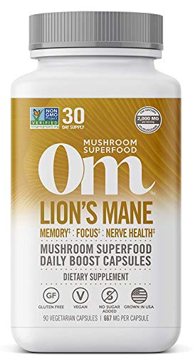 Om Mushroom Superfood Lion's Mane Mushroom Capsules Superfood Supplement, 90 Count, 30 Days, Fruit Body and Mycelium Nootropic for Memory Support, Focus, Clarity, Nerve Health, Creativity and Mood