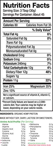 Nutiva USDA Organic Cold-Pressed Raw Hemp Seed Plant Protein with Hi-Fiber and Essential Amino Acids Powder, Non-GMO, Whole 30 Approved, Vegan, Gluten-Free & Keto, 3 Pound