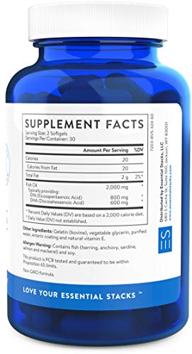 Essential Stacks Burpless Fish Oil Omega 3 - Triple Strength (1400mg EPA DHA Per Serving), Enteric Coated, Molecularly Distilled & No Fishy Burps OR Aftertaste.