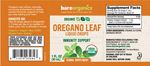 BareOrganics Oregano Leaf Liquid Drops, Herbal Supplement, Immunity Support Drops, 1 Ounce