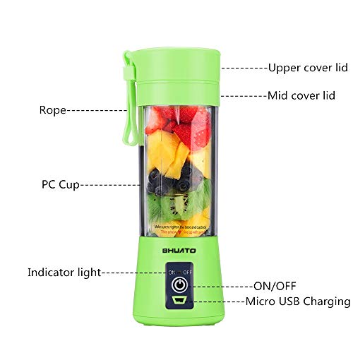 [Upgraded Version] USB Juicer Cup by BHUATO, Portable Juice Blender, Household Fruit Mixer - Six Blades in 3D, 380ml Fruit Mixing Machine for Superb Mixing (Green)…