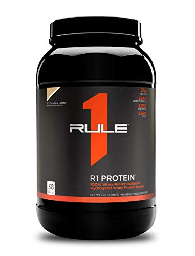 Rule One Proteins, R1 Protein - Cookies & Crème, 25g Fast-Acting, Super-Pure 100% Isolate and Hydrolysate Protein Powder with 6g BCAAs for Muscle Growth and Recovery, 2.5 Pounds, 38 Servings