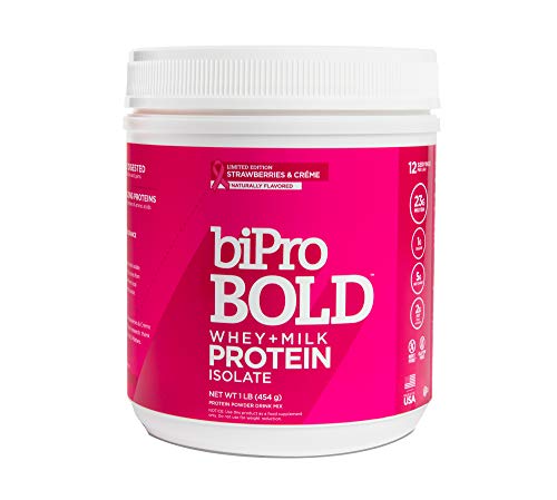 BiPro Bold Milk & Whey Protein Powder Isolate for Every Lifestyle, Strawberries & Crème 1 Pound - No Added Sugar, Suitable for Lactose Intolerance, Gluten Free, Contains Prebiotic Fiber