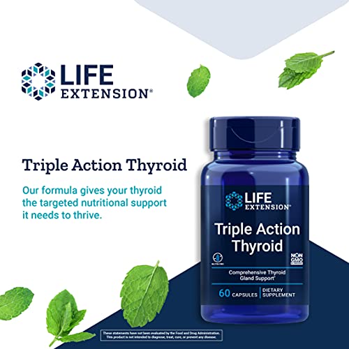 Life Extension Triple Action Thyroid Comprehensive Thyroid Health Supplement with Vitamins A, B, Iodine, Magnesium, L-Tyrosine, Ashwagandha & Ginseng – Non-GMO, Gluten-Free - 60 Capsules