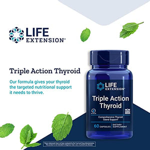 Life Extension Triple Action Thyroid Comprehensive Thyroid Health Supplement with Vitamins A, B, Iodine, Magnesium, L-Tyrosine, Ashwagandha & Ginseng – Non-GMO, Gluten-Free - 60 Capsules