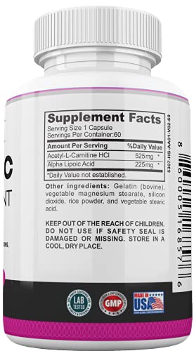 ALA / ALC Extra Strength Supplement - Alpha Lipoic Acid with Acetyl L-Carnitine 850 mg ALCAR Amino Acid Source for Brain Function, Memory, Focus, Antioxidant Support for Women by Ladyme 60 Capsules