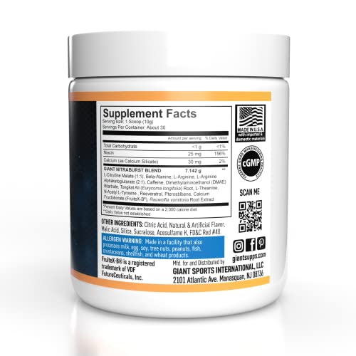 Giant Sports International NITRABURST Pre Workout Powder, Increase Blood Flow, Boosts Strength and Energy, Improve Exercise Performance, Creatine Free (Guava Mango, 30 Servings)