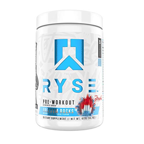 Ryse PRE Workout | Ryse Up Supplements | Fuel Your Greatness | Energy, Endurance, Focus, Next Level Pump, Citruline, Taurine, Arginine, CarnoSyn Beta Alanine, 20 Servings (Freedom Rocks)