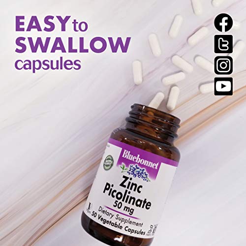 Bluebonnet Nutrition Zinc Picolinate 50 mg Vegetable Capsules, Best for Hormonal & Immune Health, Prostate Health, Skin, Vegan, Non GMO, Gluten Free, Soy Free, Milk Free, Kosher, 100 Vegetable Capsule