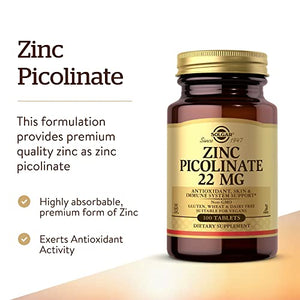 Solgar Zinc Picolinate 22 mg, 100 Tablets - Promotes Healthy Skin - Supports Immune System, Normal Taste & Vision - Antioxidant - Non GMO, Vegan, Gluten Free, Dairy Free, Kosher - 100 Servings