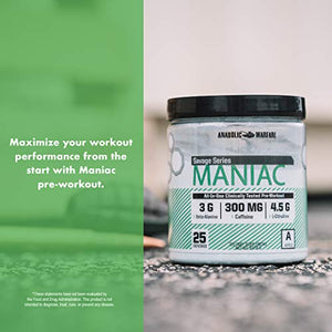 Maniac Pre Workout Powder by Anabolic Warfare – Preworkout Mix to BoostFocus & Energywith Caffeine, Beta Alanine, Lions Mane Mushroom, L Citrulline Powder and Creatine (Apple Melon - 25 Servings)