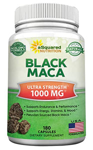 Black Maca Root - 180 Capsules - Max Strength 1000mg Per Serving - Gelatinized Maca Root Extract Supplement from Peru - Natural Pills to Support Health & Pure Energy - Non-GMO