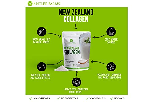 Antler Farms - 100% Pure New Zealand Collagen Powder from Grass Fed Cows, Unflavored, 1 lb - Hydrolyzed Cold Water Soluble Peptides, Keto Friendly, Bioavailable, Quick Dissolving