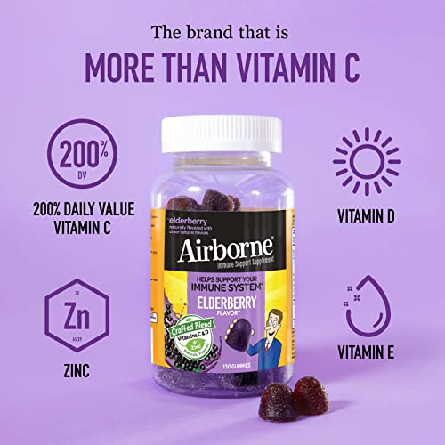 Airborne Elderberry + Zinc & Vitamin C Gummies For Adults, Immune Support Zinc Gummies with Powerful Antioxidants Vit C D & E - (130 count bottle), Delicious Elderberry Flavor