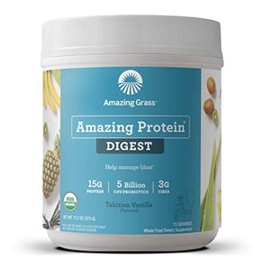 Amazing Grass DIGEST Vegan Protein Powder, Plant Based with Probiotics + Fiber to Manage Bloat, Tahitian Vanilla, 15 Servings , 13.2 Ounce (Pack of 1)