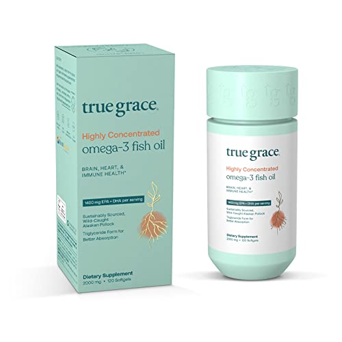 True Grace Omega-3 Fish Oil 2000mg Triglyceride Form Highly Concentrated EPA+DHA Brain, Heart, Joint & Immune Health Support Supplement-Wild-Caught,Molecularly Distilled,Purified,Non-GMO-120 Softgels