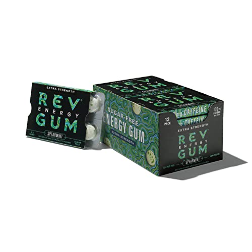 Rev Gum Caffeine Energy Gum | Extra Strength 100mg of Caffeine per Gem | Spearmint Sugar Free Caffeine Gum - Low Calorie Chews to Help You Stay Alert, Awake and Focused - Mint Chewing Gum - 12 Packs (72 Count)