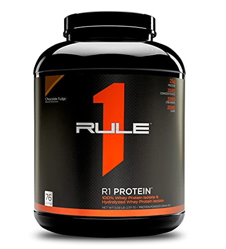 Rule One Proteins, R1 Protein - Chocolate Fudge, 25g Fast-Acting, Super-Pure 100% Isolate and Hydrolysate Protein Powder with 6g BCAAs for Muscle Growth and Recovery, 5 Pounds, 76 Servings