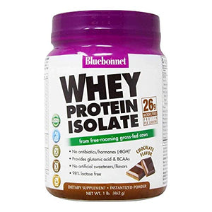 Bluebonnet Nutrition Whey Protein Isolate Powder, Whey From Grass Fed Cows, 26g of Protein, No Sugar Added, Non GMO, Gluten Free, Soy free, kosher Dairy, 1 Lb, 14 Servings, Chocolate Flavor