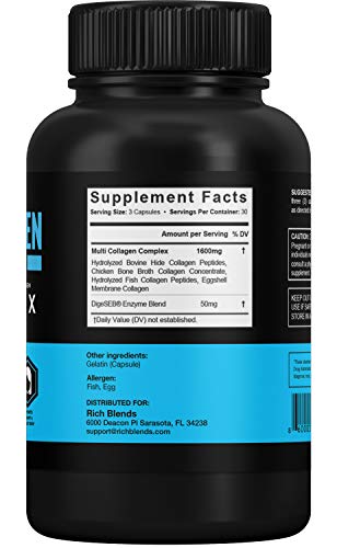 RichBlends Multi Collagen Peptides (Types I, II, III, V, X) - Collagen Pills - Anti-Aging, Hair, Skin, Nails, and Joint Support (90 Capsules)