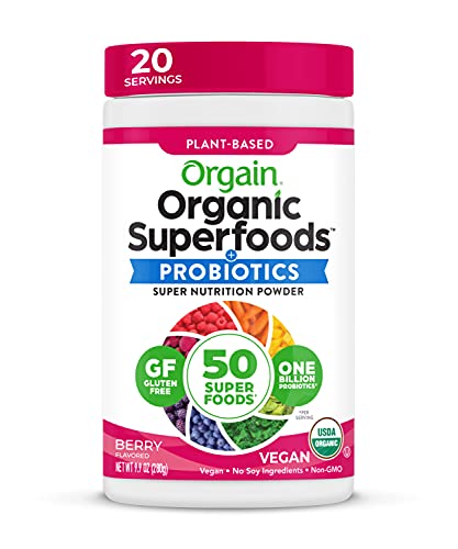 Orgain Organic Green Superfoods Powder, Berry - Antioxidants, 1 Billion Probiotics, Vegan, Dairy Free, Gluten Free, Kosher, Non-GMO, 0.62 Pound (Packaging May Vary).
