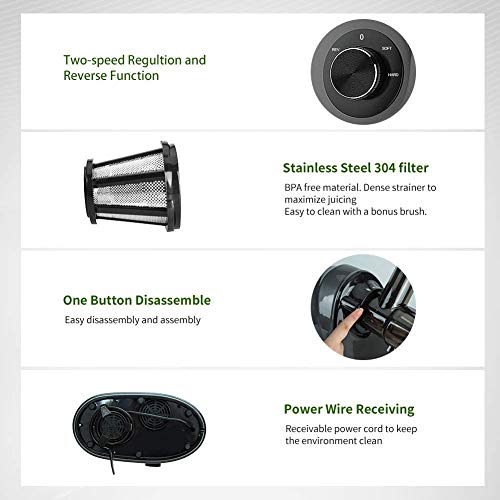 Slow Juicer, Jocuu Slow Masticating Juicer Machine Easy to Clean, Cold Press Juicer with 2-Speed Modes, Juice Extractor with Quiet Motor/Reverse Function, with Brush & Fruit Vegetable Juice Recipes