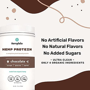 Organic Plant-based Chocolate Hemp Seeds Protein Powder by Hemplete, 75% Hemp Protein 10oz, 14g Protein Per 22g Serving