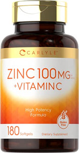 Zinc 100mg with Vitamin C | 180 Softgels | Non-GMO, Gluten Free Supplement | by Carlyle