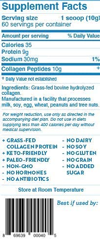 Hydrolyzed Collagen Peptides Protein Powder Unflavored - Grass Fed Paleo & Keto Collagen Supplement - Non-GMO, Gluten Free, Dairy Free, Soy Free - Protein 9g, 10g Collagen (60 Servings 1.3lbs)