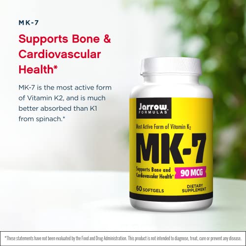 Jarrow Formulas MK-7 90 mcg - 60 Softgels - Superior Vitamin K Product for Building Strong Bones - Supports Heart & Cardiovascular Health - 60 Servings