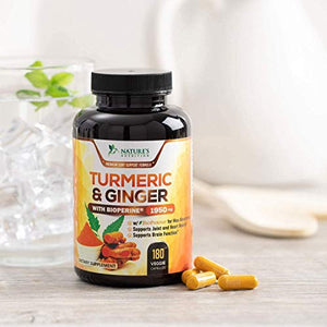 Turmeric Curcumin with BioPerine & Ginger 95% Curcuminoids 1950mg - Black Pepper for Absorption, Made in USA, Natural Immune Support, Turmeric Ginger Supplement by Natures Nutrition - 180 Capsules