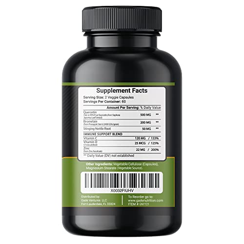 Quercetin with Vitamin C and Zinc - Nettle Quercetin - Quercetin 500mg - Quercetin with Bromelain - Zinc Quercetin + Vitamin D3 - 120 Veggie Caps - Quercetin Supplements Non-GMO, Gluten-Free, Vegan