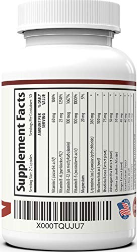 Adrenal Support Ashwagandha Capsules - Cortisol Manager - A Supplement containing Rhodiola Rosea, Vitamin B12, B5, B6, Magnesium, Ginger Root Extract, Schizandra Berry, Ashwaganda - Vegetarian